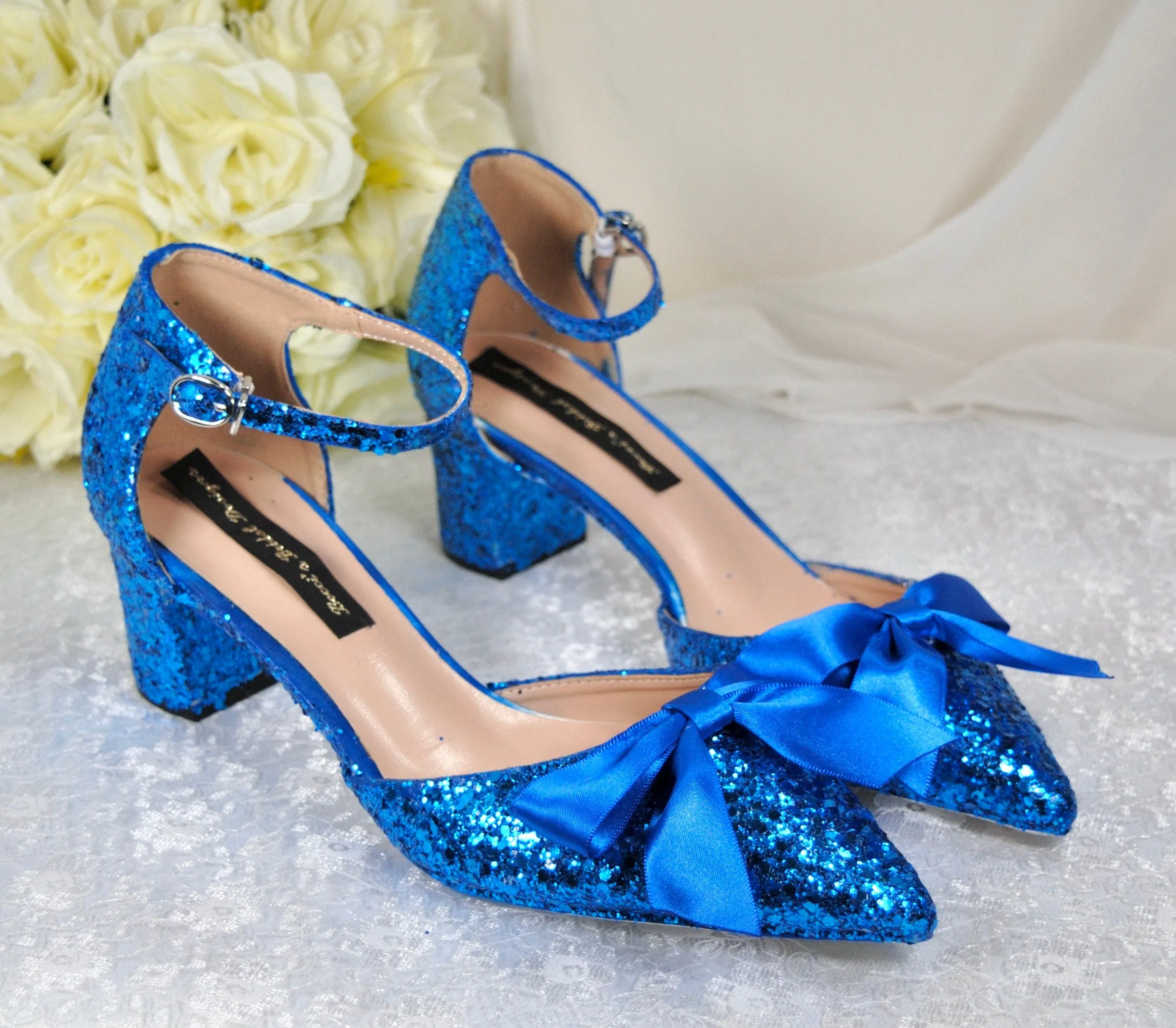 Rock Glitter Block Heel Sandals with FRONT BOW | Other Colours | 5cm or 7cm Heel