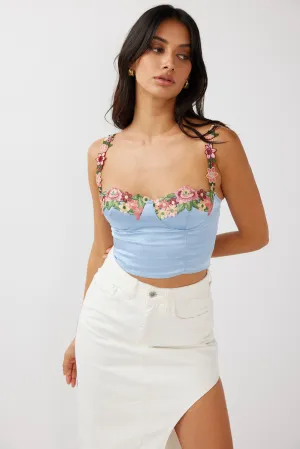 Rose Garden Floral Applique Crop Top Blue