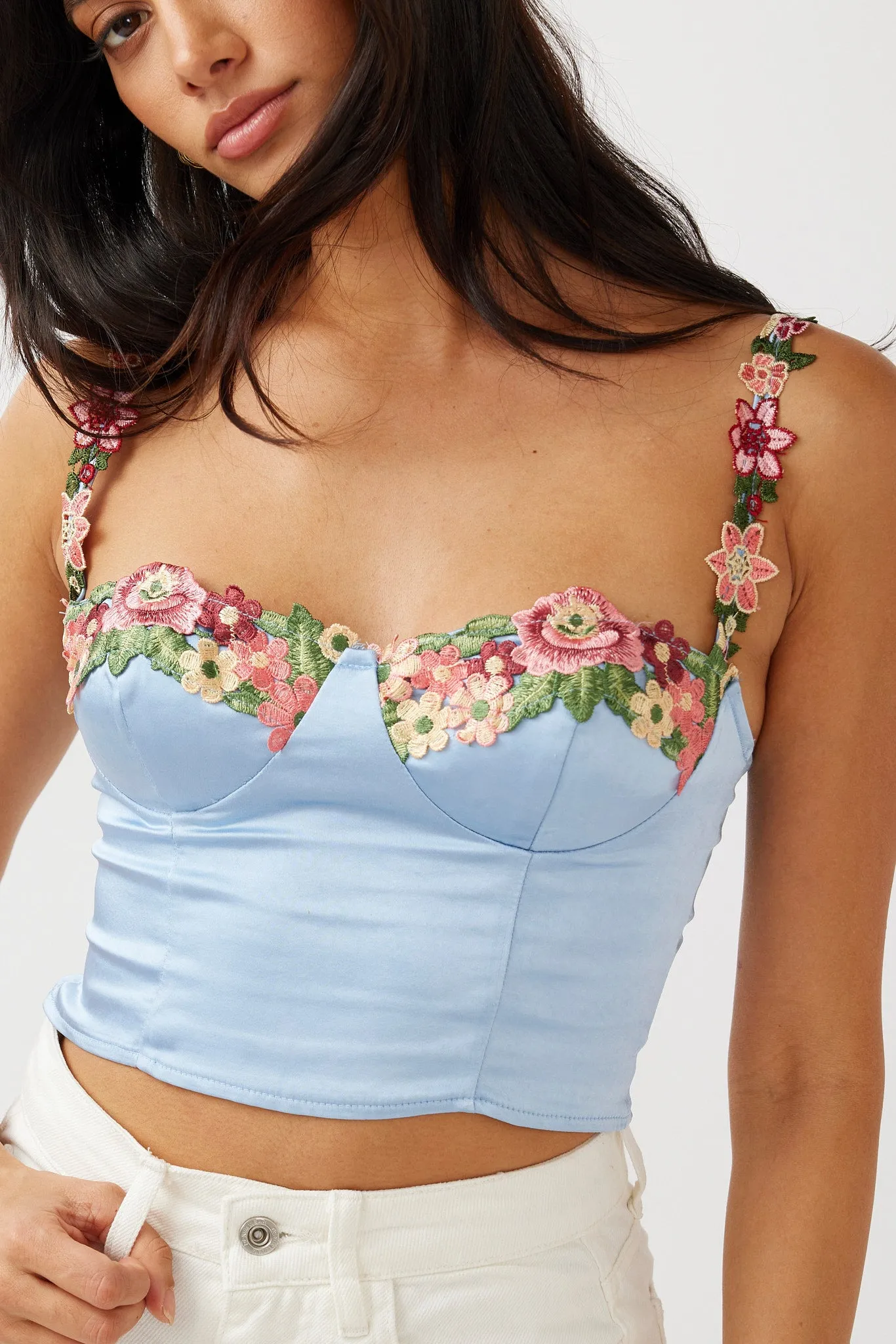 Rose Garden Floral Applique Crop Top Blue