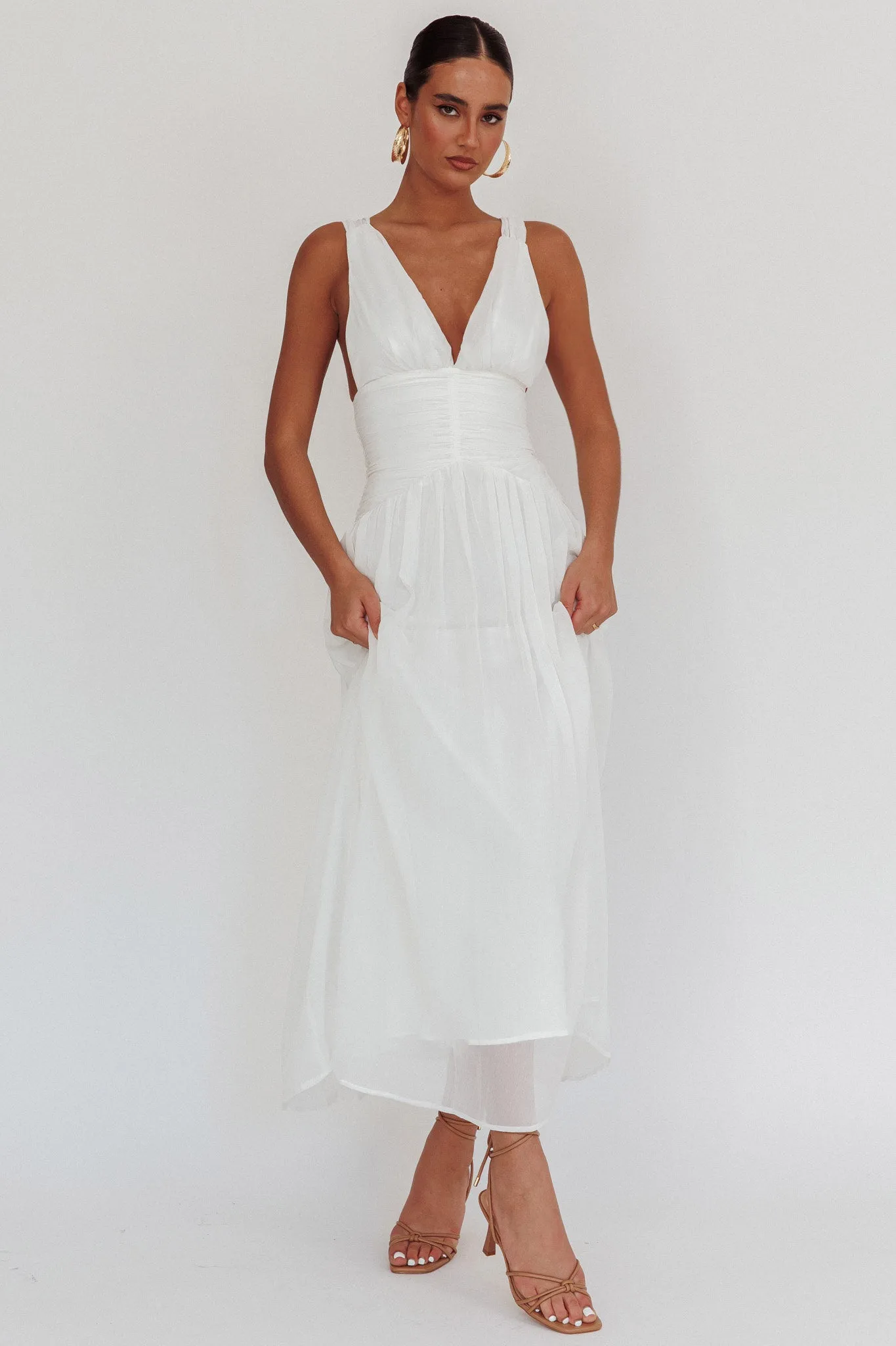 Sammi Ruched Waist Tied Back Maxi Dress White