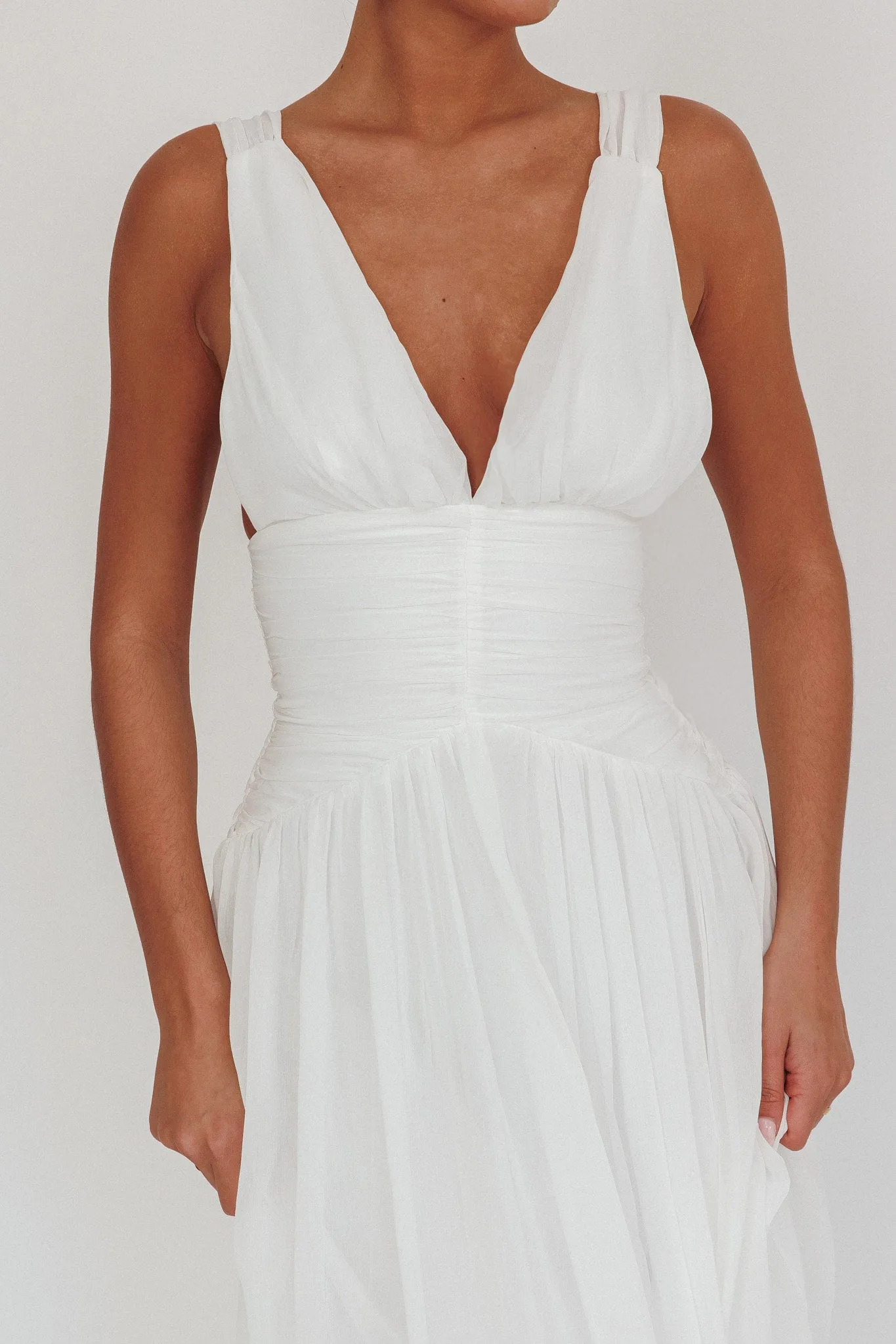 Sammi Ruched Waist Tied Back Maxi Dress White