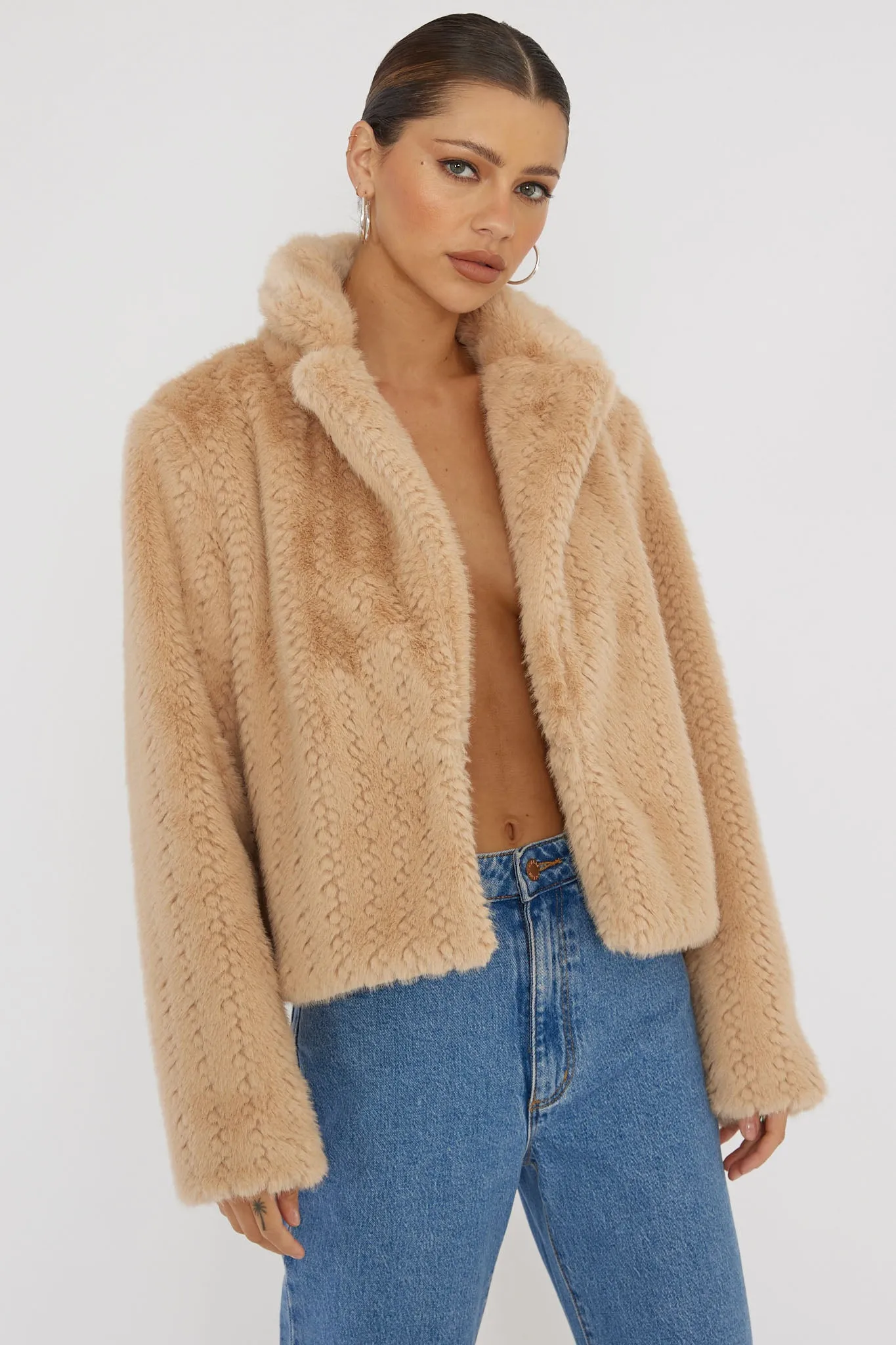 Savelle Notch Lapel Faux Fur Jacket Camel