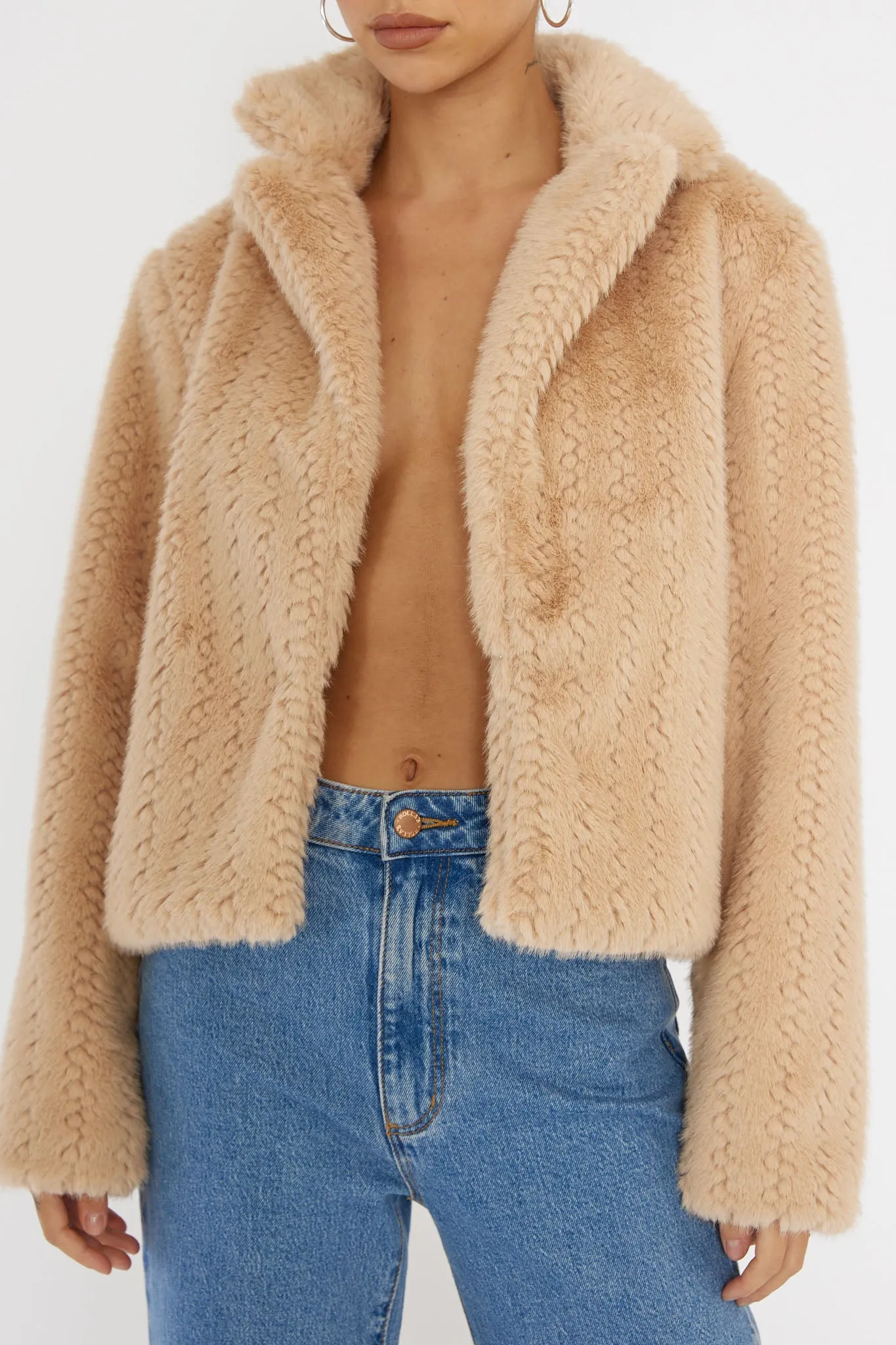 Savelle Notch Lapel Faux Fur Jacket Camel