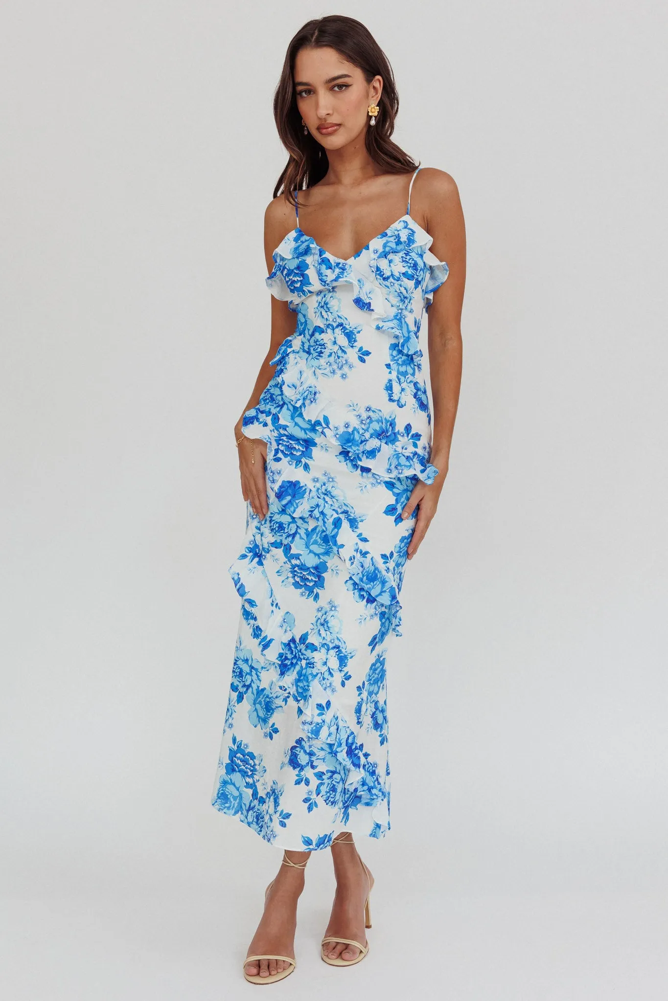 Silvana Frill Trim Maxi Dress Floral Blue