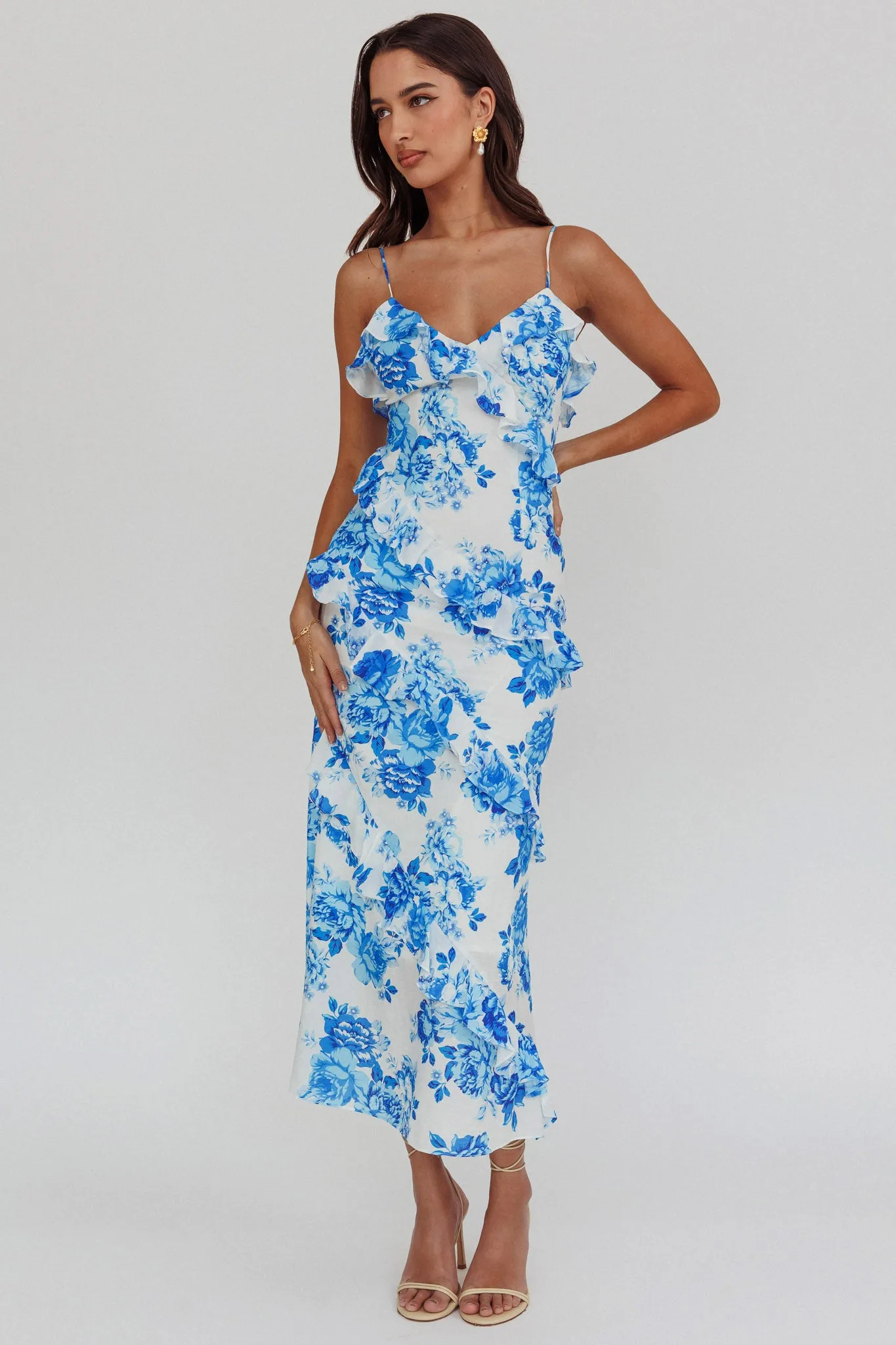 Silvana Frill Trim Maxi Dress Floral Blue