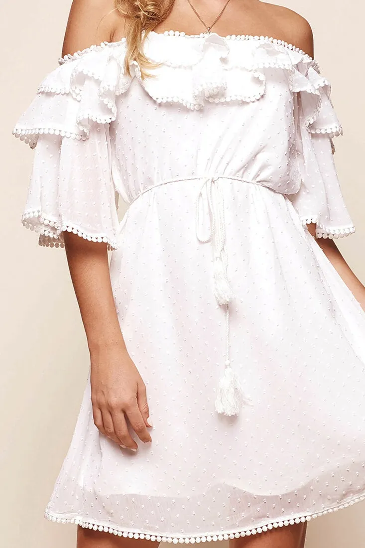 Springtime Hail Spot Chiffon Off Shoulder Dress White