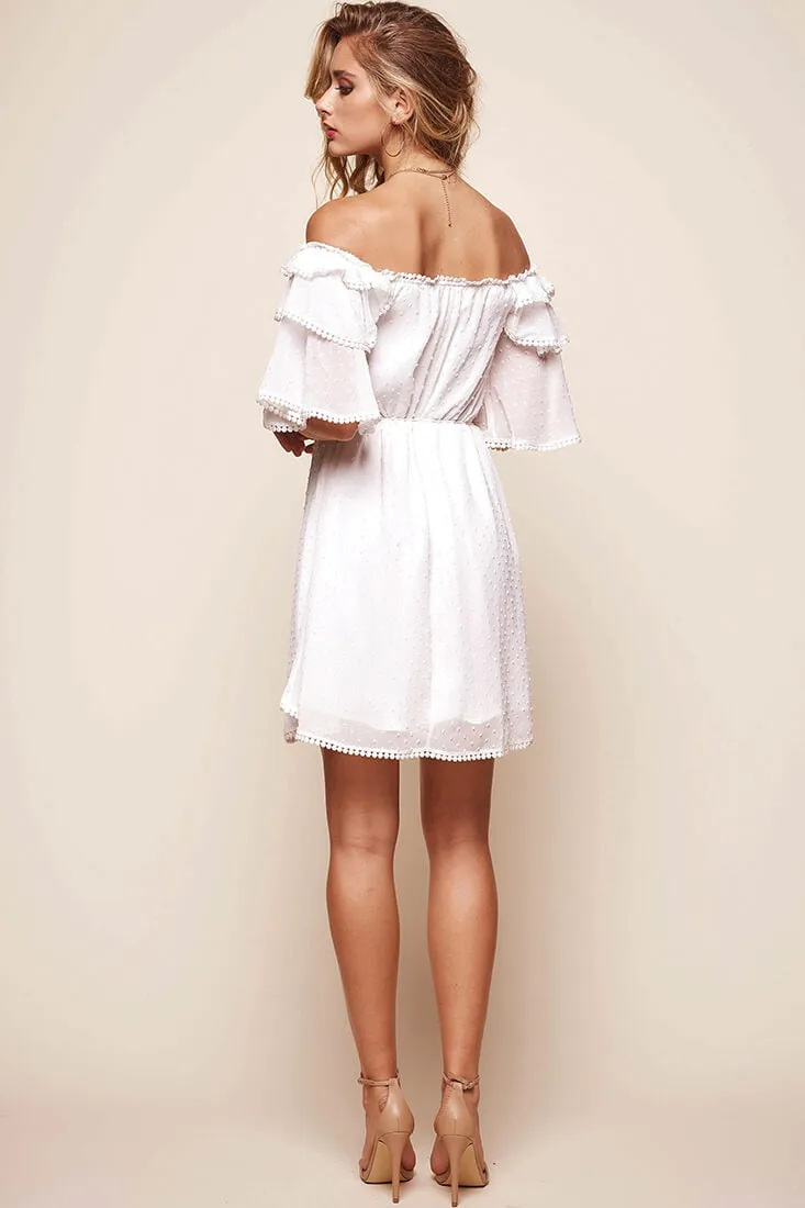 Springtime Hail Spot Chiffon Off Shoulder Dress White