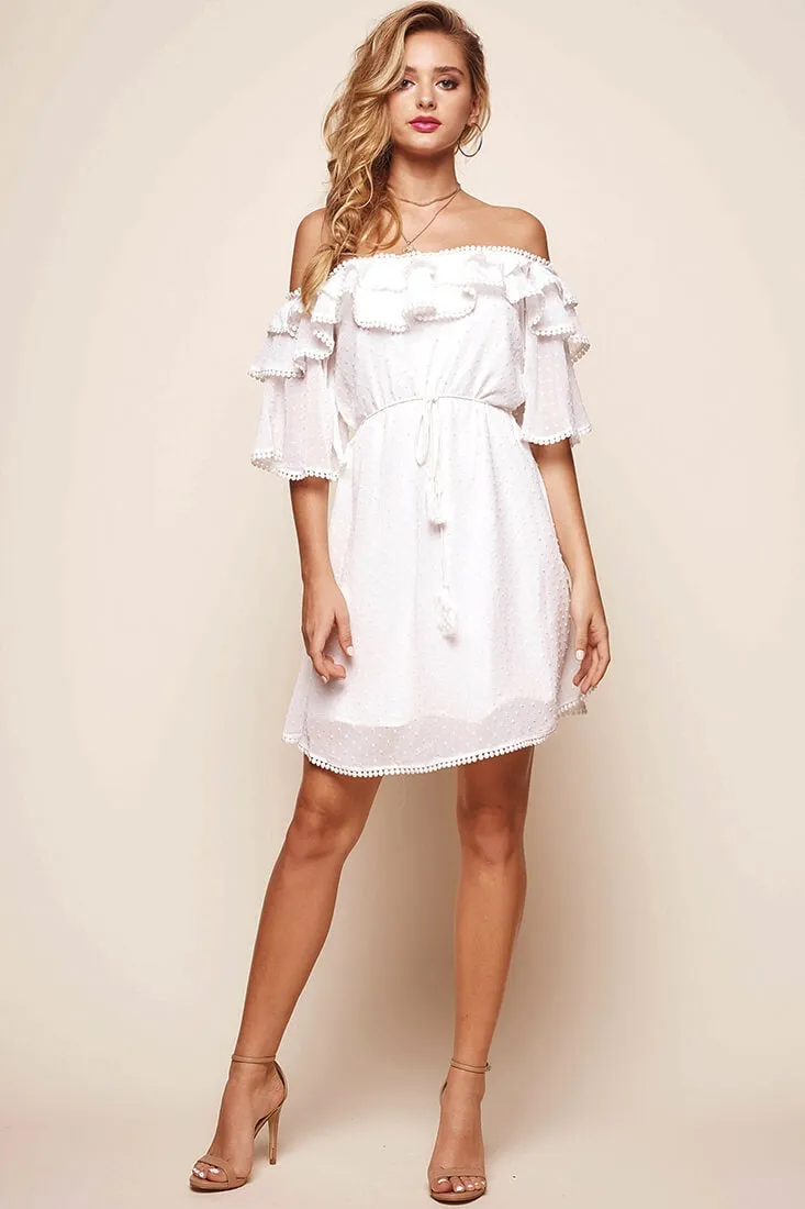 Springtime Hail Spot Chiffon Off Shoulder Dress White