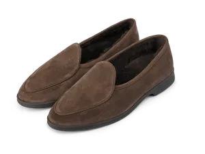 Stride Loafers in Deep Taupe Glove Suede with Shearling Lining Dark Sole