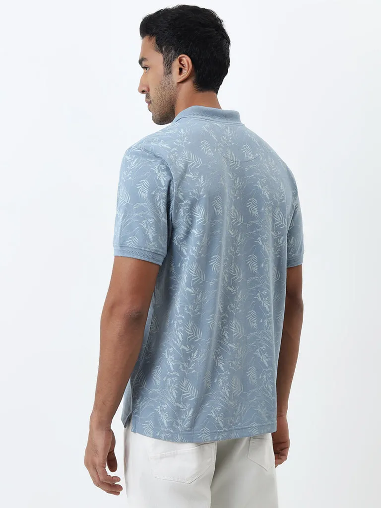 WES Casuals Dusty Blue Leaf Design Relaxed-Fit Polo T-Shirt