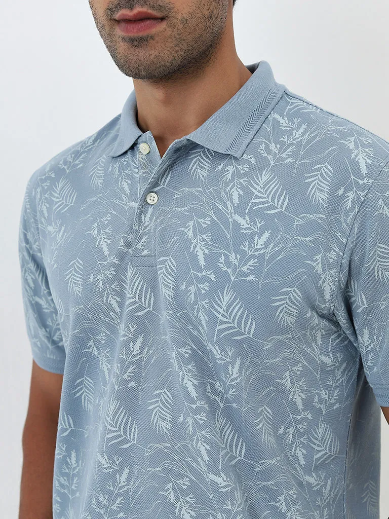 WES Casuals Dusty Blue Leaf Design Relaxed-Fit Polo T-Shirt