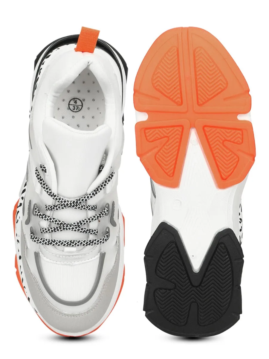 White Orange PU Lace-Up Chunky Sneakers