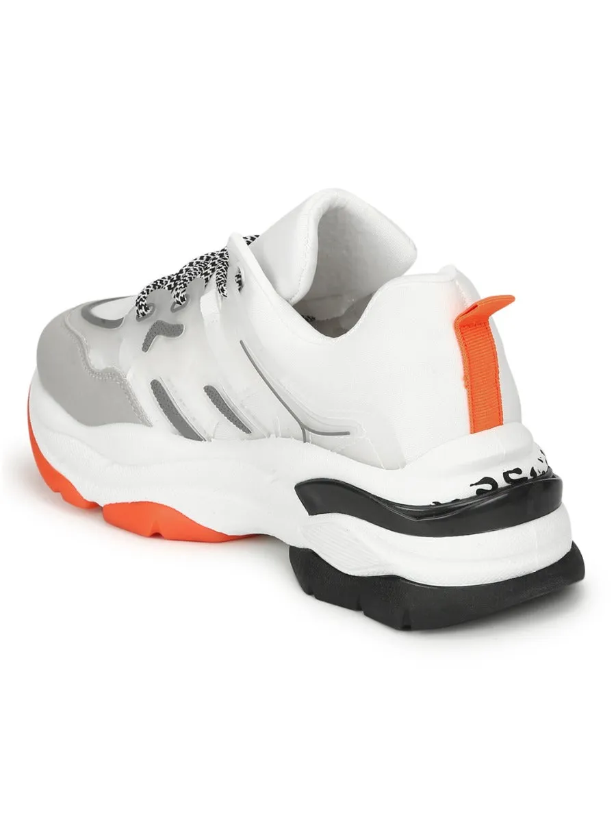 White Orange PU Lace-Up Chunky Sneakers