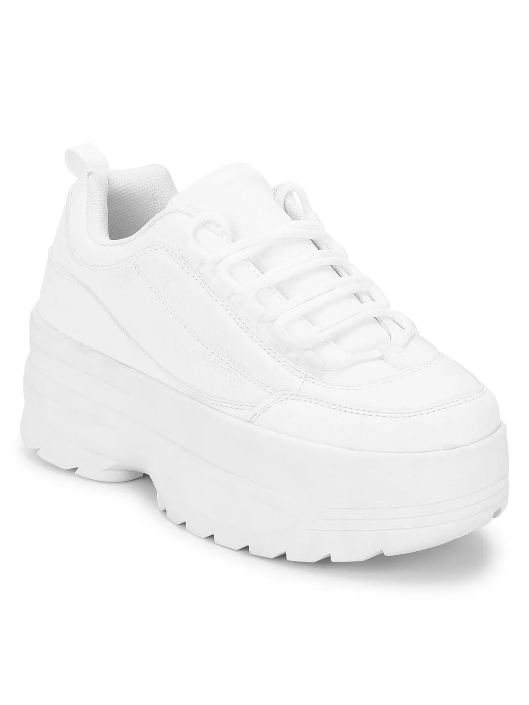 White PU Cleated Bottom Flatform Lace-Up Sneakers