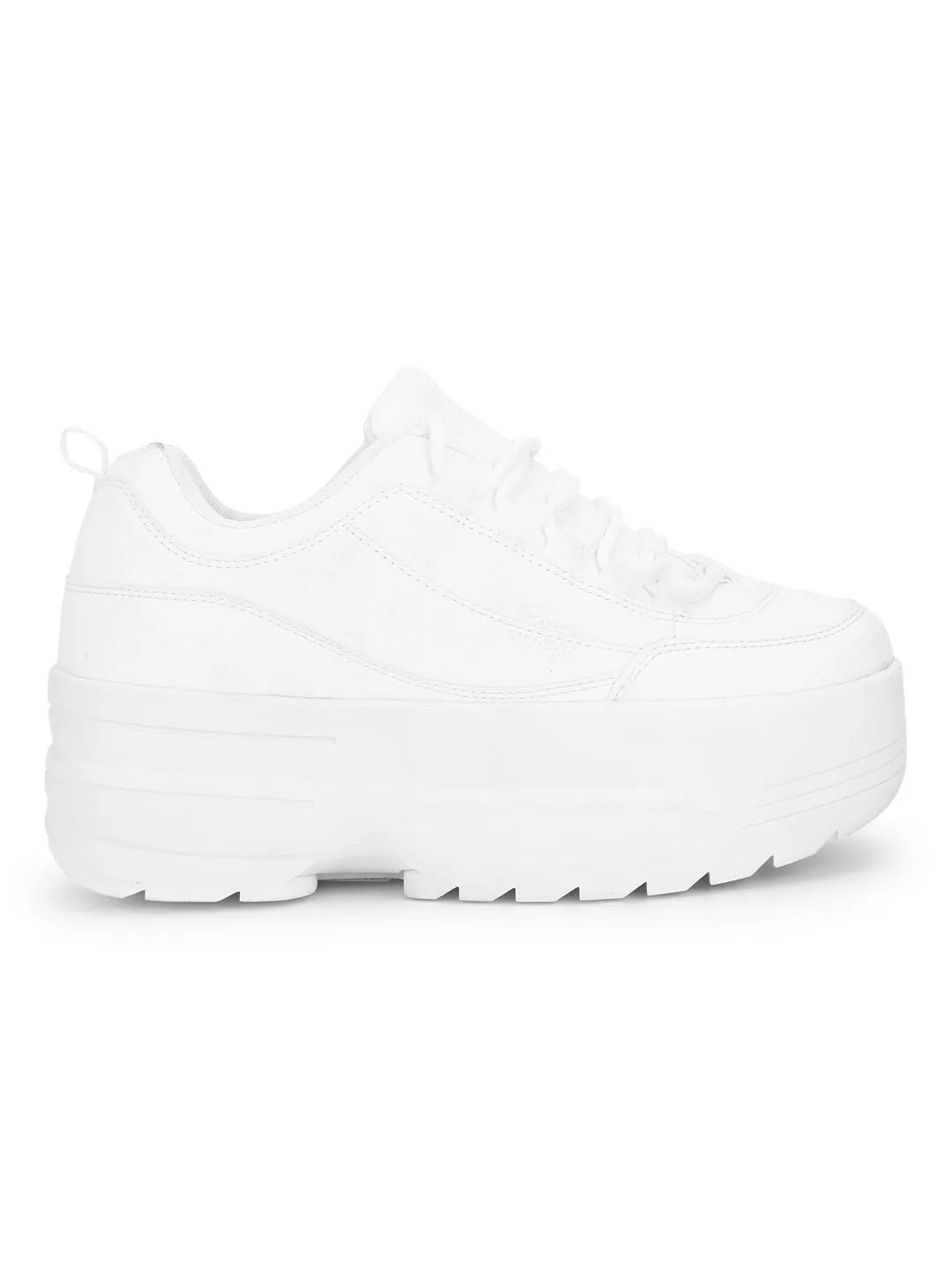 White PU Cleated Bottom Flatform Lace-Up Sneakers