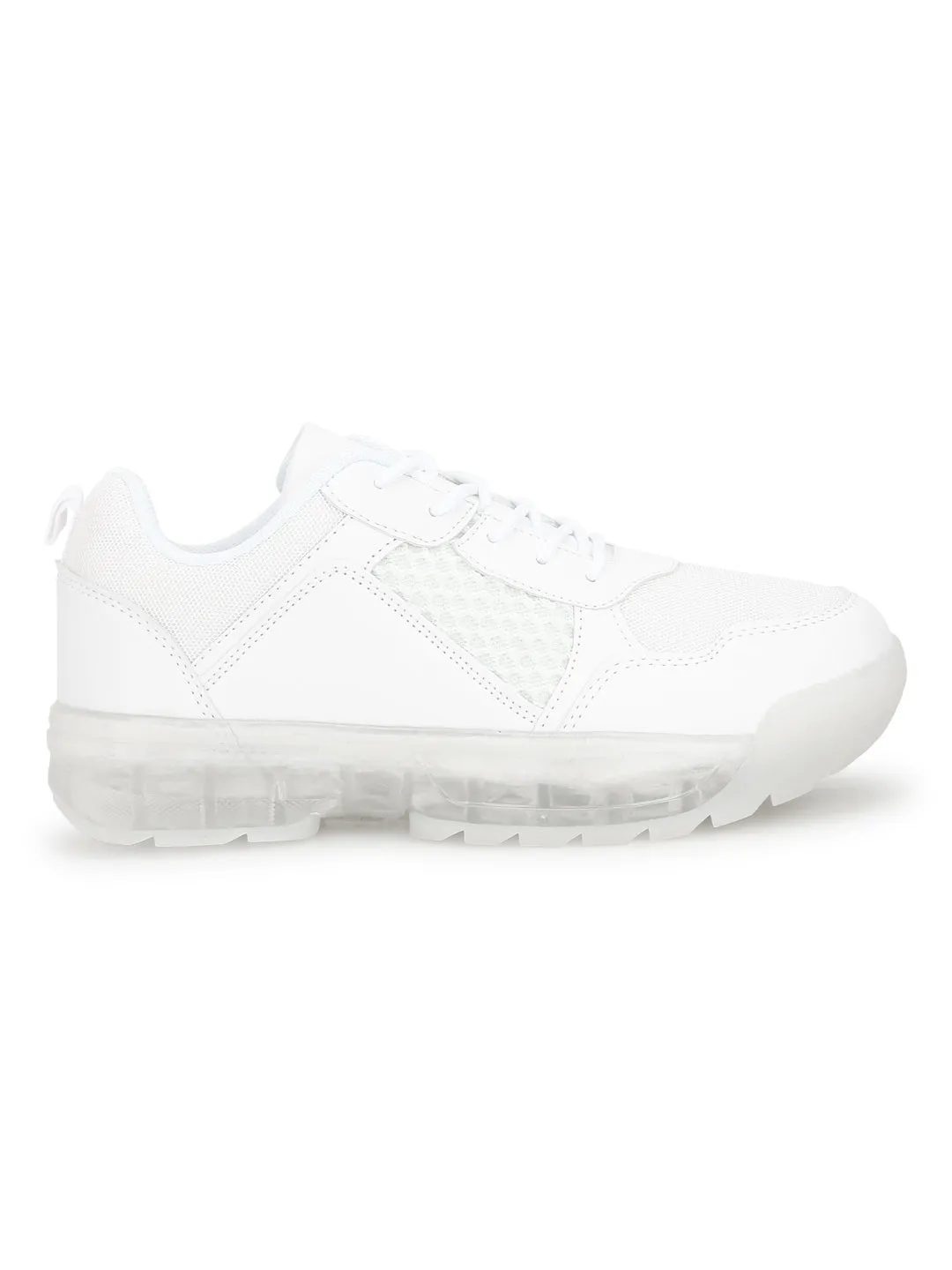 White PU Mesh Cleated Bottom Lace-Up Sneakers