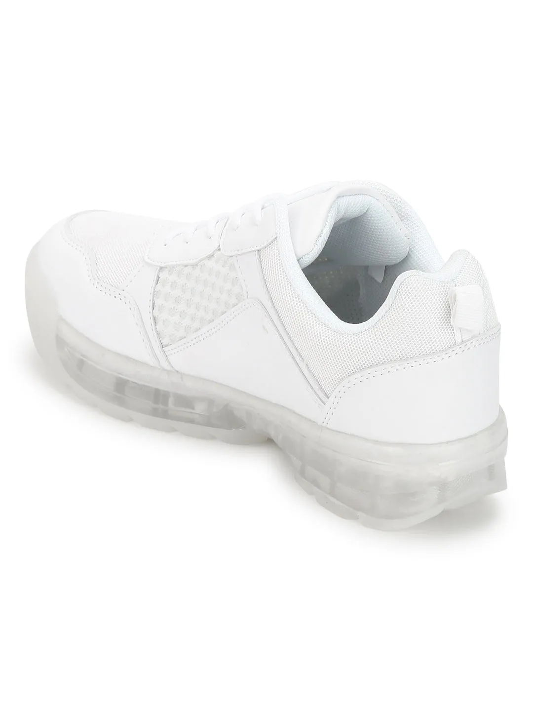 White PU Mesh Cleated Bottom Lace-Up Sneakers