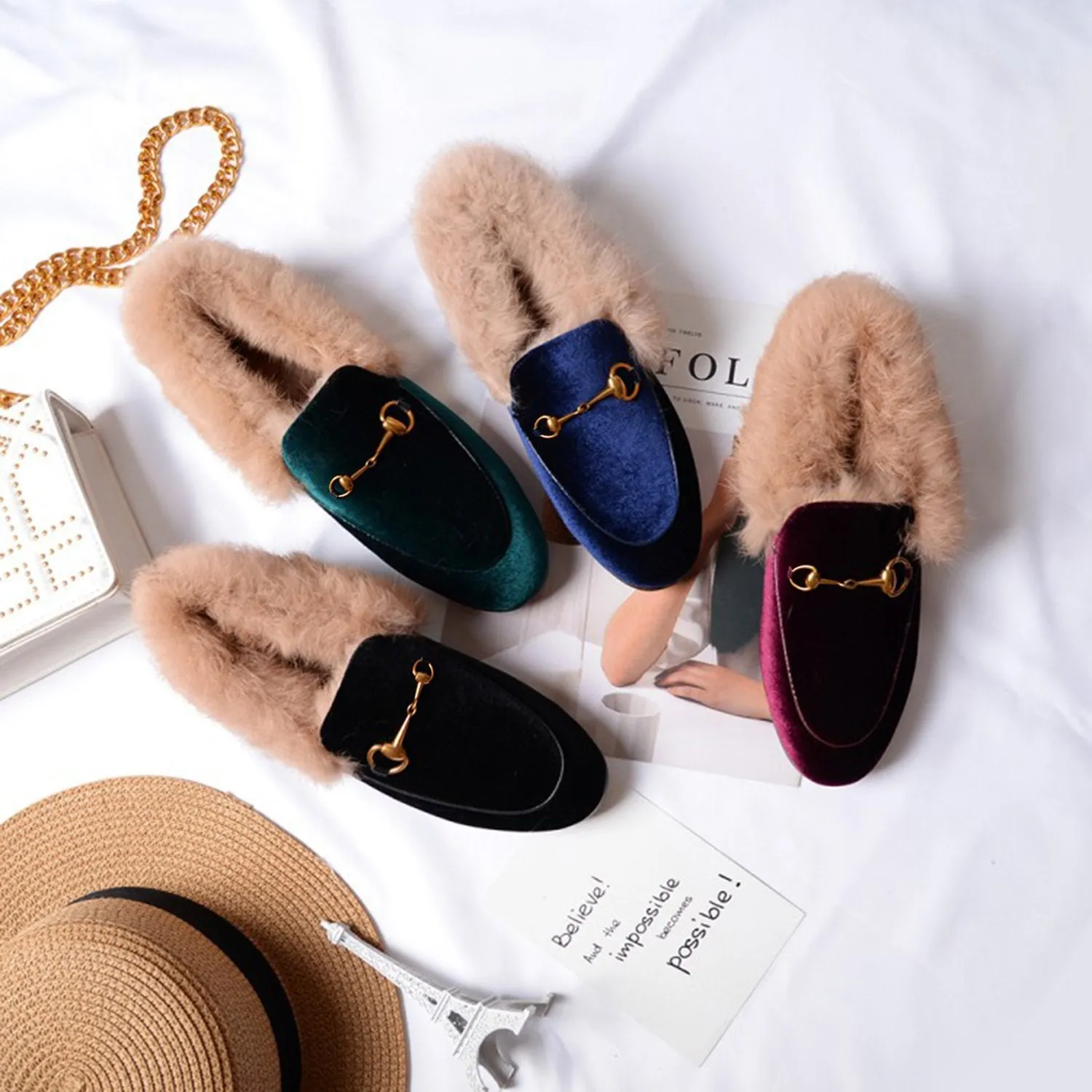 Women Classic Velvet Fur Flat Loafers