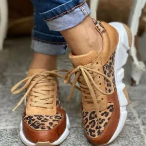 Women's Fashion Leopard Thicksoled Round Toe Lowtop  Stitching Laceup  Sneakers